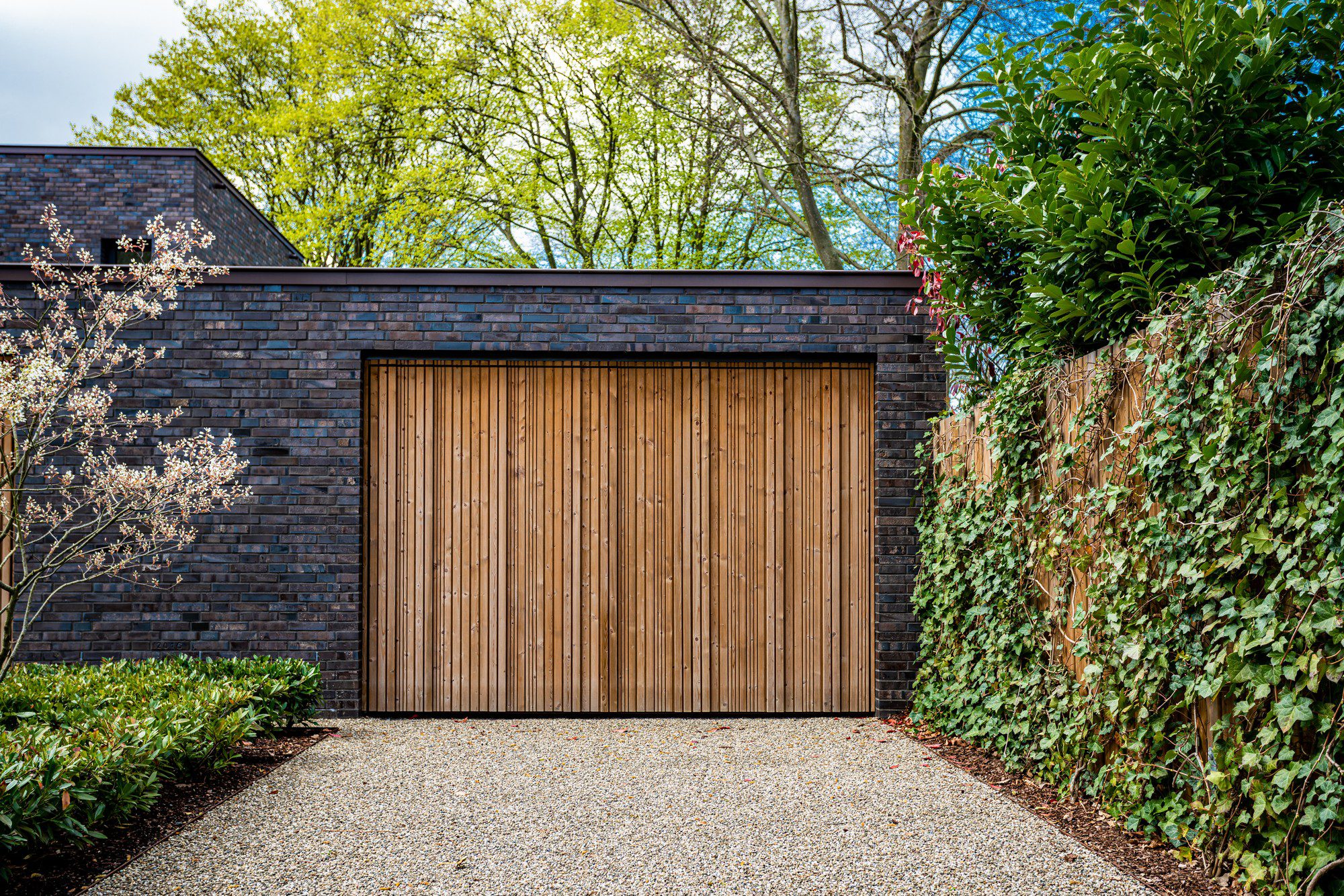 The image displays a modern garage with a wooden door set against a brick building. There's a clear contrast between the natural wooden texture of the garage door and the dark tones of the brick walls. A neatly maintained gravel driveway leads to the garage, bordered on one side by a patch of low shrubs and plants. On the other side, there's a wall overgrown with climbing ivy, next to which stands a large green bush and a tree with budding flowers, suggesting that it might be springtime. The foliage and trees visible in the image add a fresh, natural touch to the architectural elements.